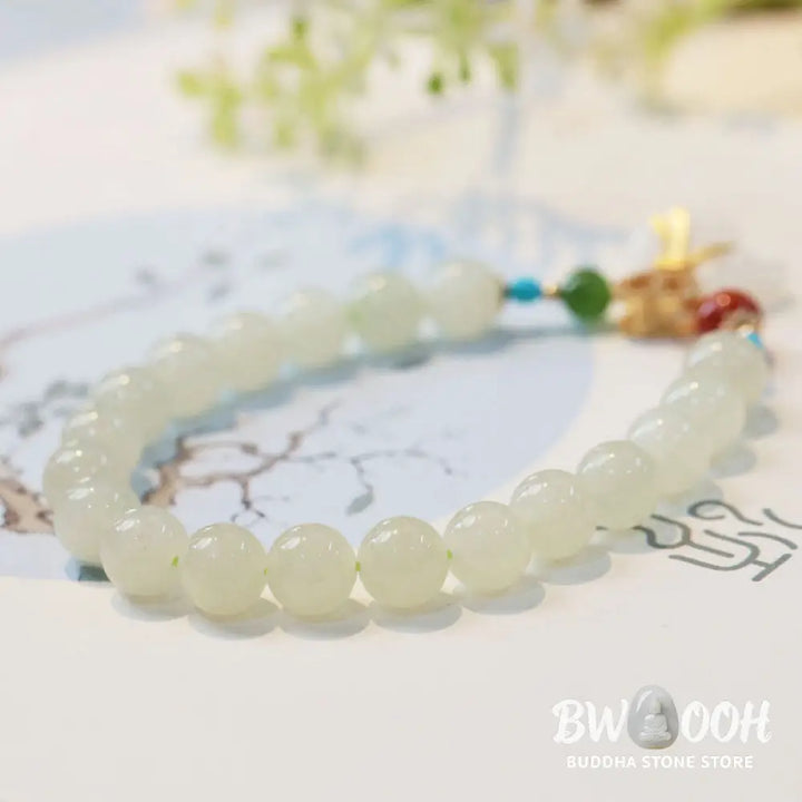 Buddha Stones Natural Hetian White Jade 14K Gold Plated Money Bag Blessing Bracelet - BWOOOH - Hetian White