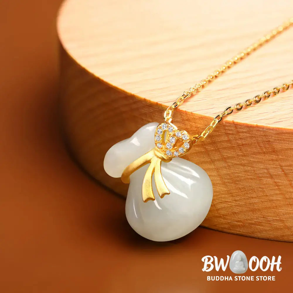 Buddha Stones Natural Hetian White Jade Luck Money Bag Necklace Pendant - BWOOOH - Hetian White