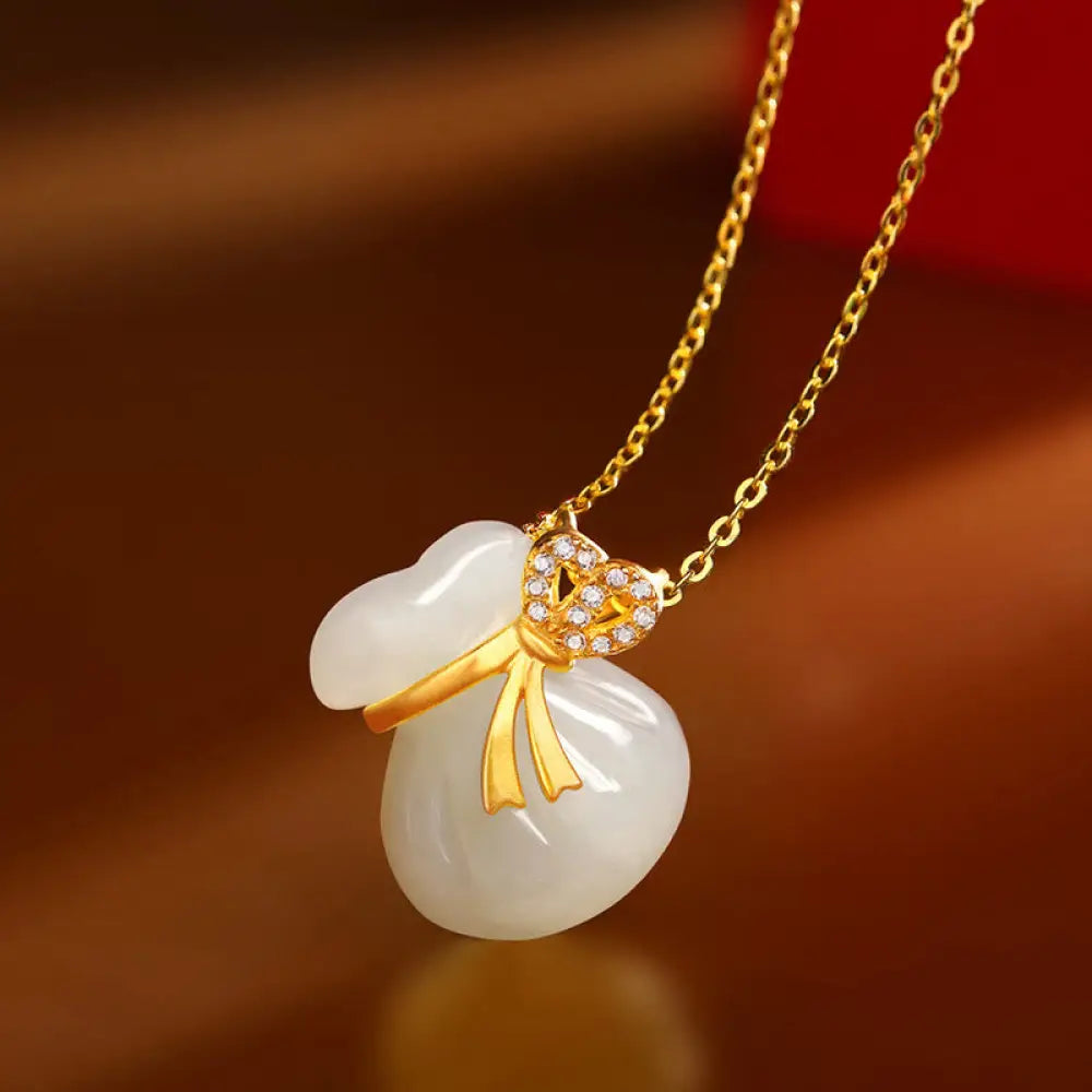 BWOOOH natural Hetian white jade luck money bag necklace pendant