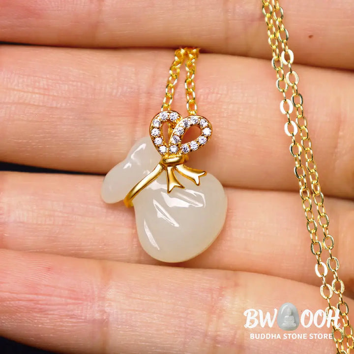 Buddha Stones Natural Hetian White Jade Luck Money Bag Necklace Pendant - BWOOOH - Hetian White