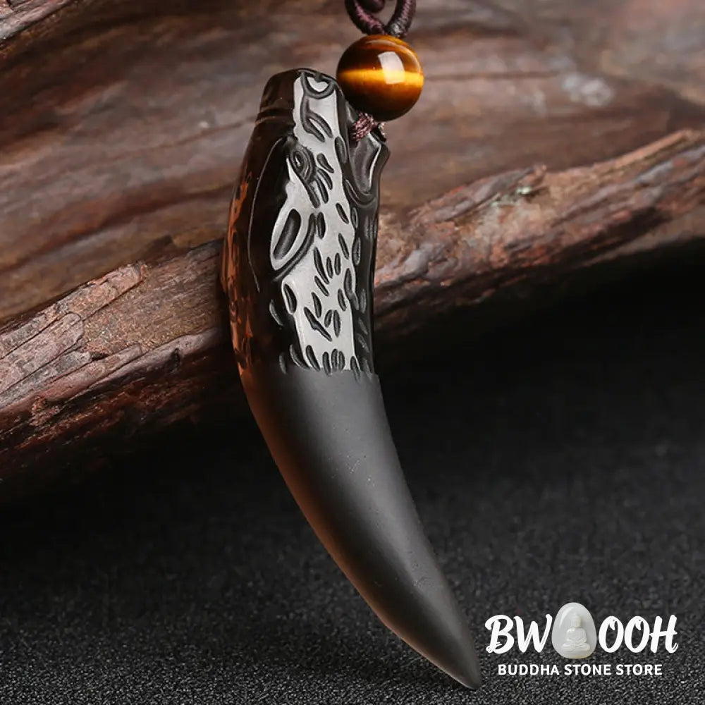 BWOOOH Natural Ice Obsidian Wolf Tooth Pattern Courage Necklace Pendant, available in unisex large (63*14mm) and small (41*14mm) sizes. A striking natural stone pendant for energy protection and strength. - View 7
