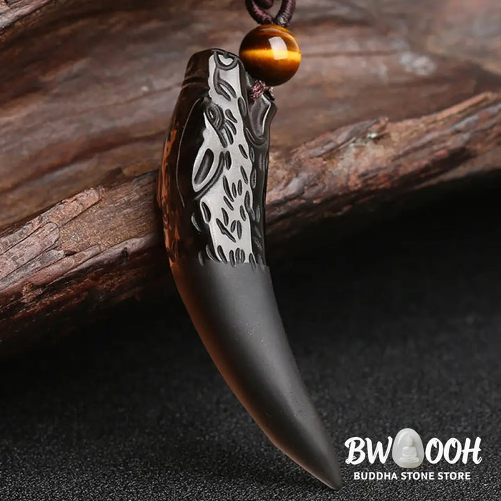BWOOOH Natural Ice Obsidian Wolf Tooth Pattern Courage Necklace Pendant, available in unisex large (63*14mm) and small (41*14mm) sizes. A striking natural stone pendant for energy protection and strength. - View 7