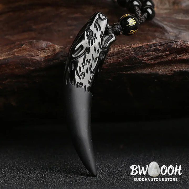 BWOOOH Natural Ice Obsidian Wolf Tooth Pattern Courage Necklace Pendant, available in unisex large (63*14mm) and small (41*14mm) sizes. A striking natural stone pendant for energy protection and strength. - View 3