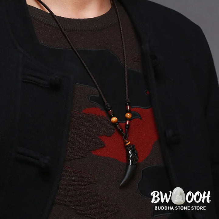 BWOOOH Natural Ice Obsidian Wolf Tooth Pattern Courage Necklace Pendant, available in unisex large (63*14mm) and small (41*14mm) sizes. A striking natural stone pendant for energy protection and strength. - View 6