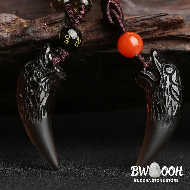 BWOOOH Natural Ice Obsidian Wolf Tooth Pattern Courage Necklace Pendant, available in unisex large (63*14mm) and small (41*14mm) sizes. A striking natural stone pendant for energy protection and strength. - View 10
