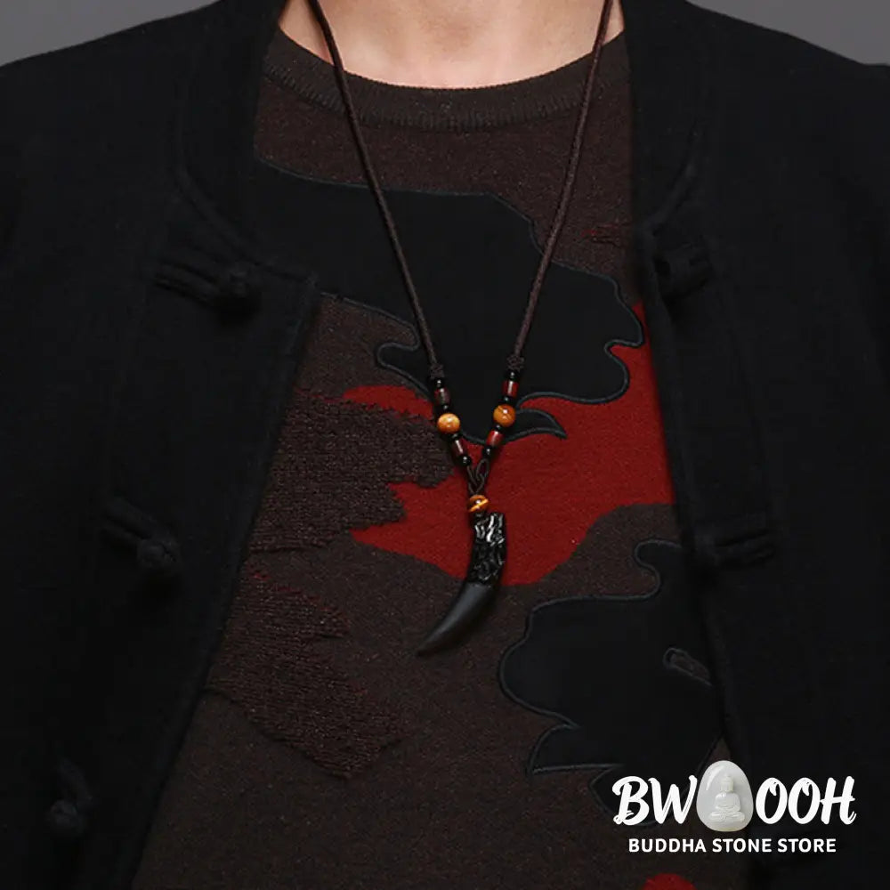 BWOOOH Natural Ice Obsidian Wolf Tooth Pattern Courage Necklace Pendant, available in unisex large (63*14mm) and small (41*14mm) sizes. A striking natural stone pendant for energy protection and strength. - View 5