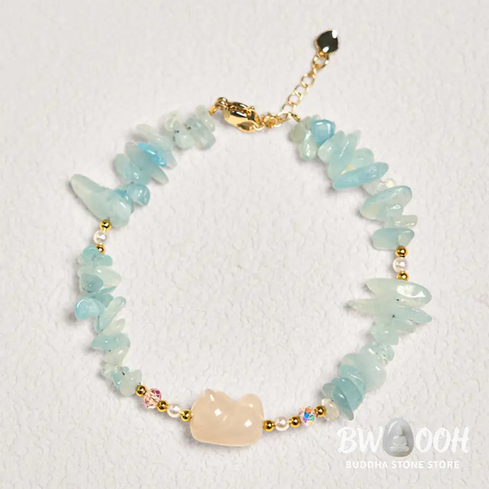 Buddha Stones Natural Irregular Aquamarine Cute Cat Healing Bracelet - BWOOOH - Aquamarine(Wrist Circumference: 15cm)