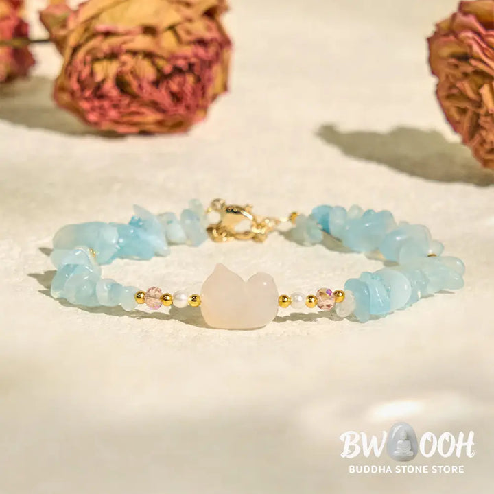 Buddha Stones Natural Irregular Aquamarine Cute Cat Healing Bracelet - BWOOOH - Aquamarine(Wrist Circumference: 15cm)