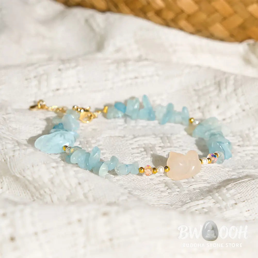 Buddha Stones Natural Irregular Aquamarine Cute Cat Healing Bracelet - BWOOOH - Aquamarine(Wrist Circumference: 15cm)