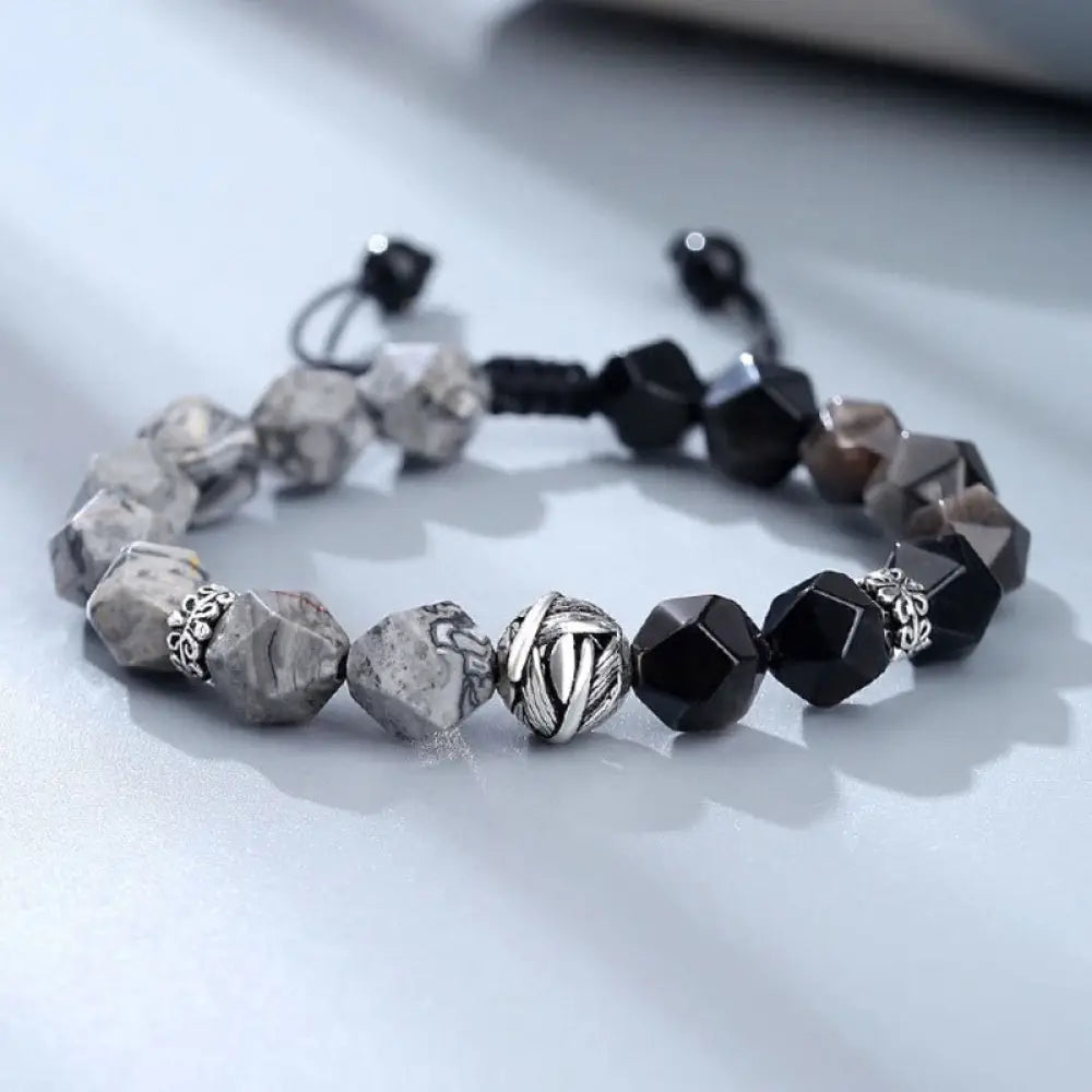 BWOOOH Natural Irregular Cut Obsidian Grey Jasper 925 Sterling Silver Rolled Leaf Bead Protection Bracelet — Obsidian blac...