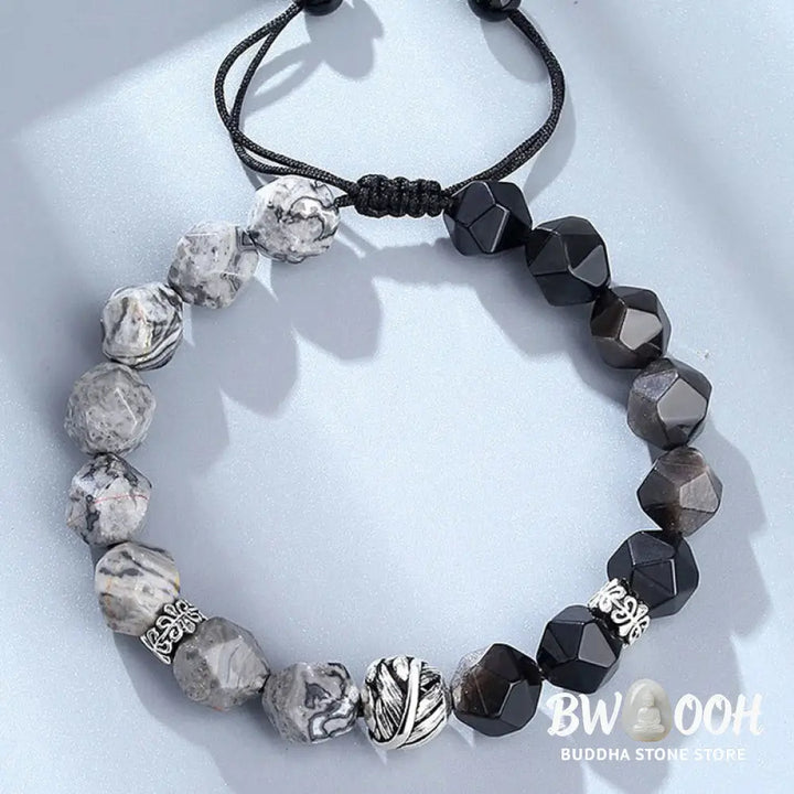 Buddha Stones Natural Irregular Cut Obsidian Grey Jasper 925 Sterling Silver Rolled Leaf Bead Protection Bracelet