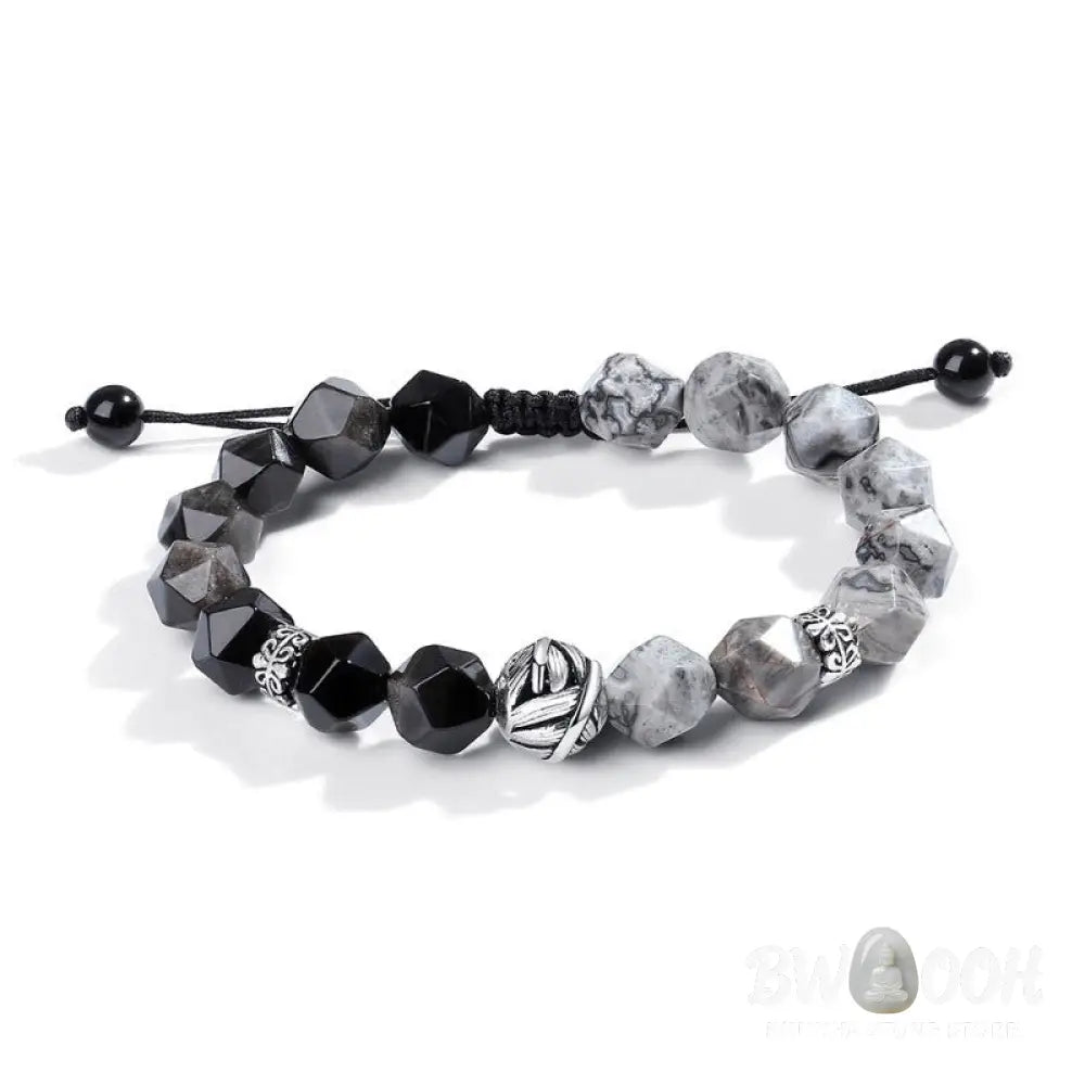 Buddha Stones Natural Irregular Cut Obsidian Grey Jasper 925 Sterling Silver Rolled Leaf Bead Protection Bracelet