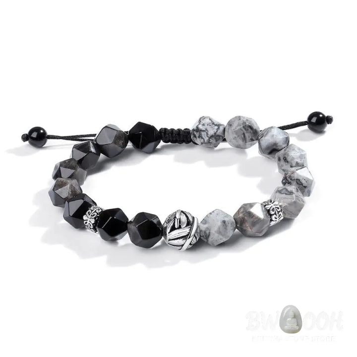 Buddha Stones Natural Irregular Cut Obsidian Grey Jasper 925 Sterling Silver Rolled Leaf Bead Protection Bracelet