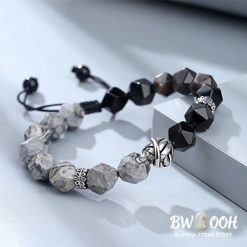 Buddha Stones Natural Irregular Cut Obsidian Grey Jasper 925 Sterling Silver Rolled Leaf Bead Protection Bracelet