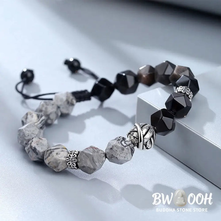 Buddha Stones Natural Irregular Cut Obsidian Grey Jasper 925 Sterling Silver Rolled Leaf Bead Protection Bracelet