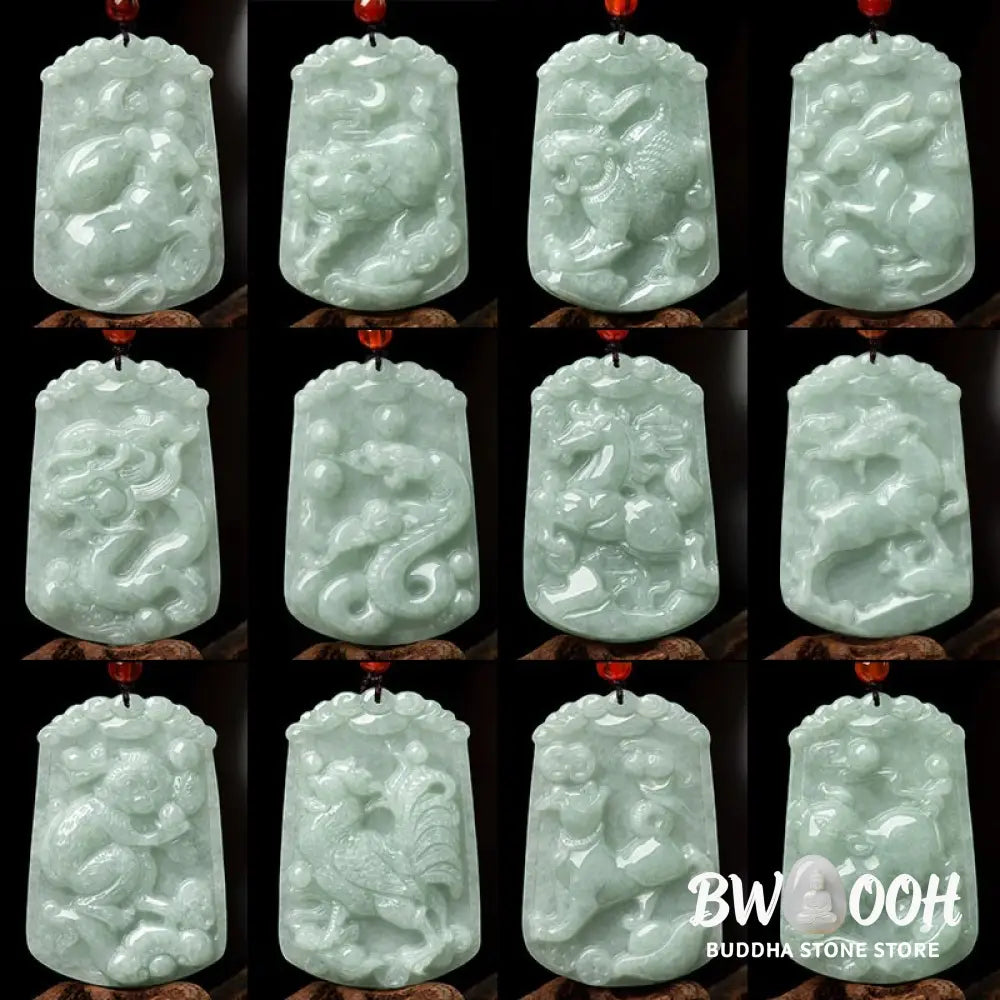 A BWOOOH Natural Jade 12 Chinese Zodiac Abundance Amulet Pendant Necklace, featuring intricate carvings of animals like the Dragon and Tiger, symbolizing prosperity and spiritual balance. The jade stone is polished, reflecting light and emphasizing its natural beauty. - View 26