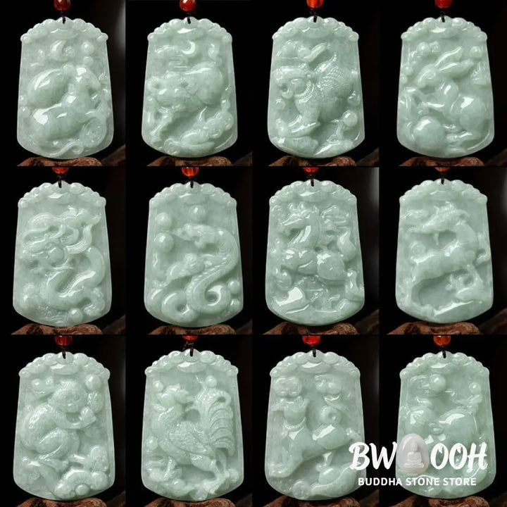 A BWOOOH Natural Jade 12 Chinese Zodiac Abundance Amulet Pendant Necklace, featuring intricate carvings of animals like the Dragon and Tiger, symbolizing prosperity and spiritual balance. The jade stone is polished, reflecting light and emphasizing its natural beauty. - View 26