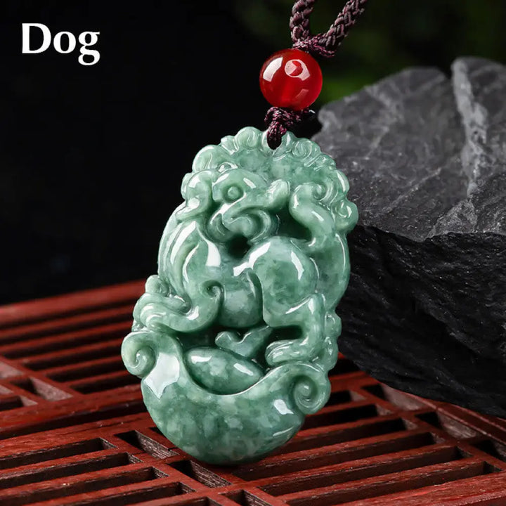 Buddha Stones Natural Jade 12 Chinese Zodiac Prosperity Necklace Pendant - BWOOOH - Dog - Necklaces &amp; Pendants