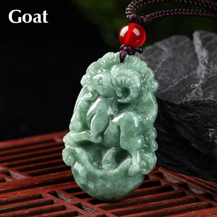 Buddha Stones Natural Jade 12 Chinese Zodiac Prosperity Necklace Pendant - BWOOOH - Goat - Necklaces &amp; Pendants