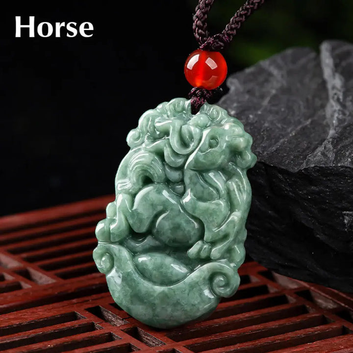 Buddha Stones Natural Jade 12 Chinese Zodiac Prosperity Necklace Pendant - BWOOOH - Horse - Necklaces &amp; Pendants