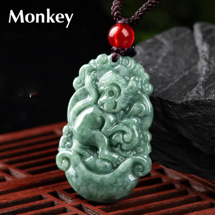 Buddha Stones Natural Jade 12 Chinese Zodiac Prosperity Necklace Pendant - BWOOOH - Monkey - Necklaces &amp; Pendants