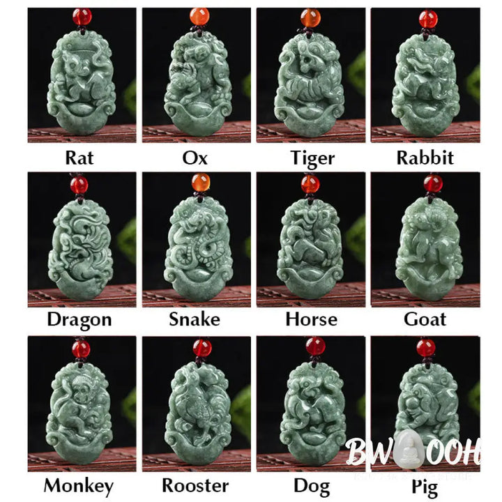 Buddha Stones Natural Jade 12 Chinese Zodiac Prosperity Necklace Pendant - BWOOOH - Necklaces &amp; Pendants