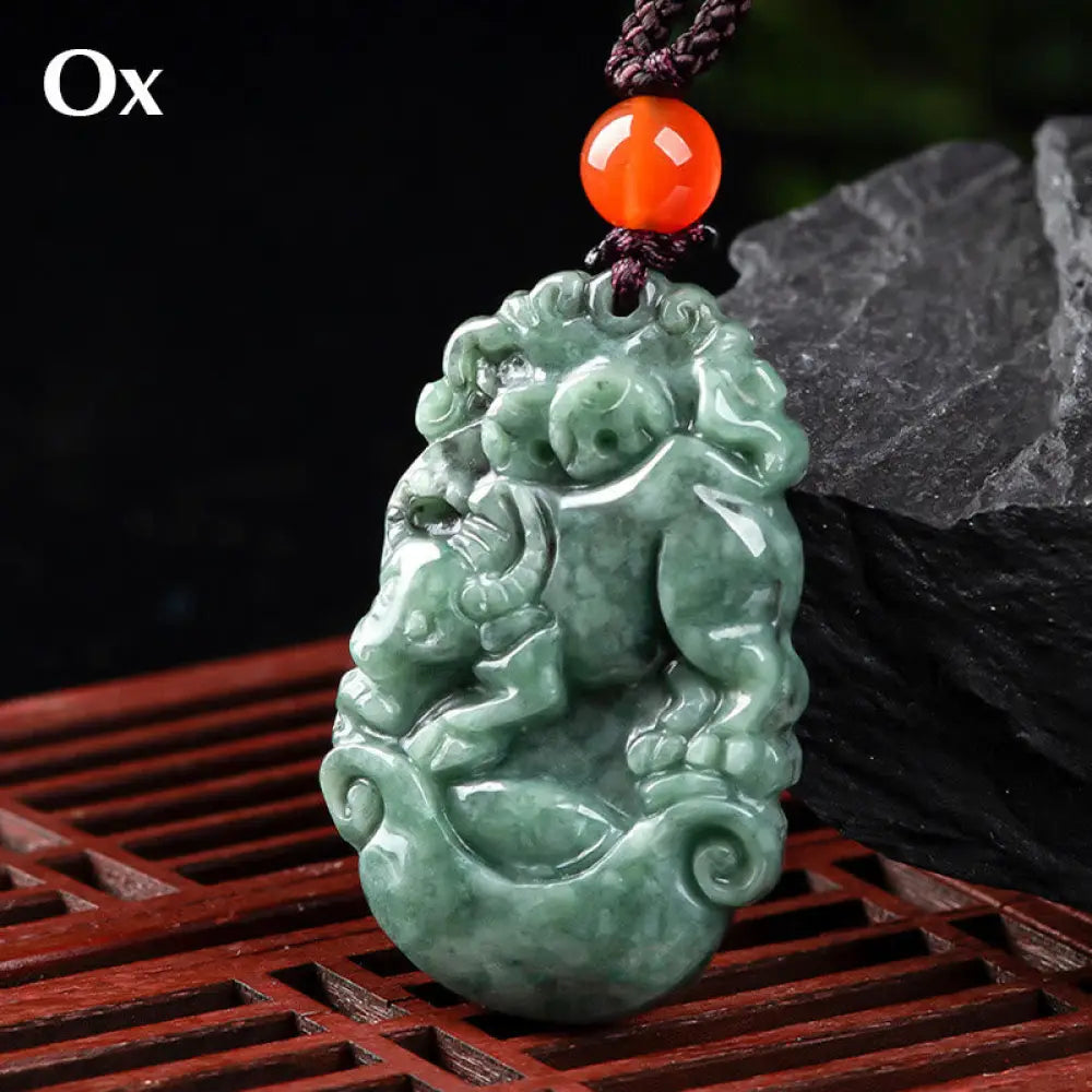 Buddha Stones Natural Jade 12 Chinese Zodiac Prosperity Necklace Pendant - BWOOOH - Ox - Necklaces &amp; Pendants