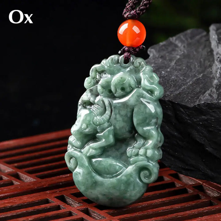 Buddha Stones Natural Jade 12 Chinese Zodiac Prosperity Necklace Pendant - BWOOOH - Ox - Necklaces &amp; Pendants
