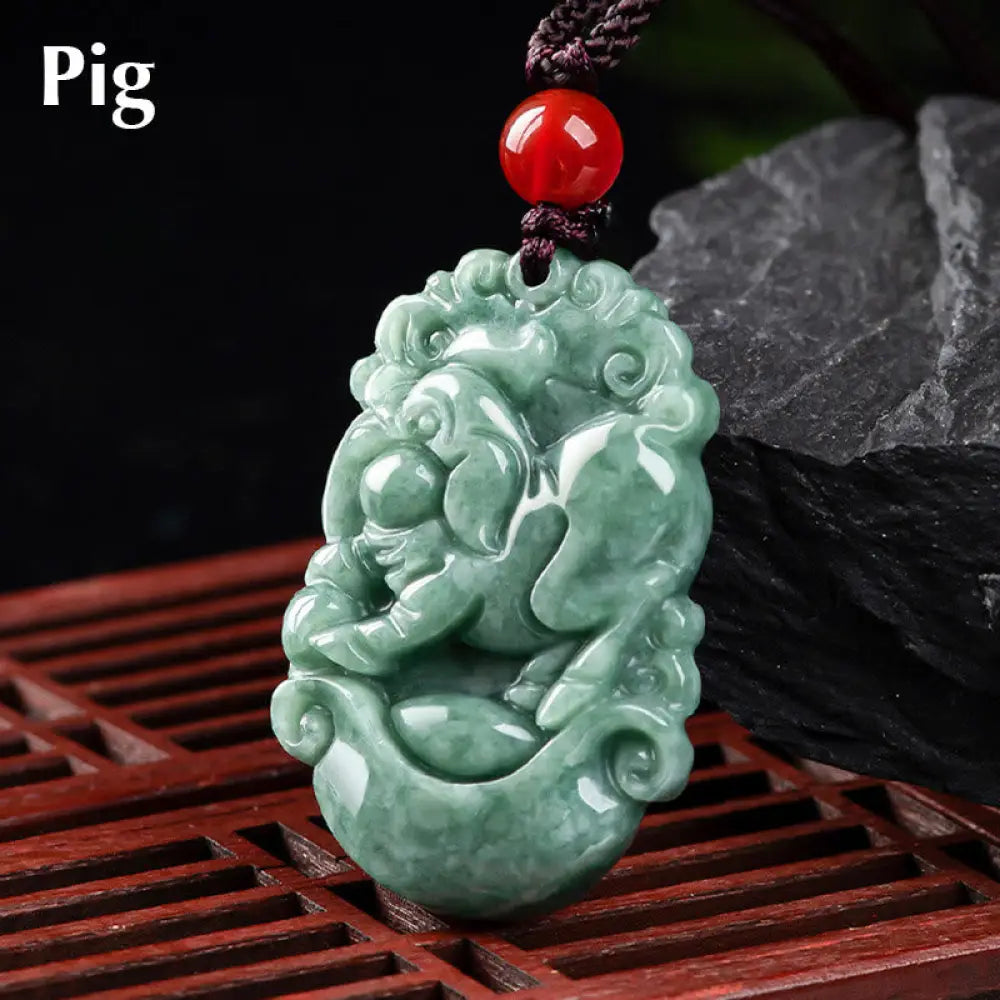 Buddha Stones Natural Jade 12 Chinese Zodiac Prosperity Necklace Pendant - BWOOOH - Pig - Necklaces &amp; Pendants