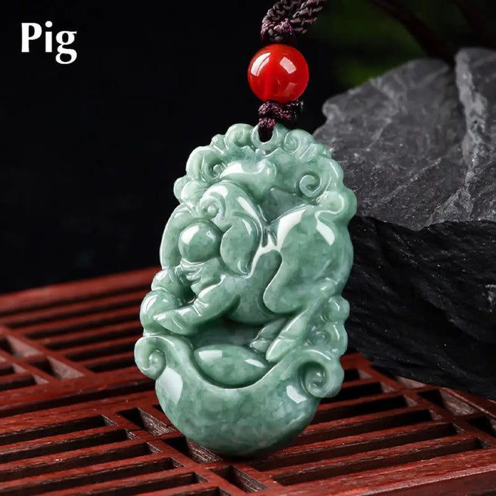 Buddha Stones Natural Jade 12 Chinese Zodiac Prosperity Necklace Pendant - BWOOOH - Pig - Necklaces &amp; Pendants