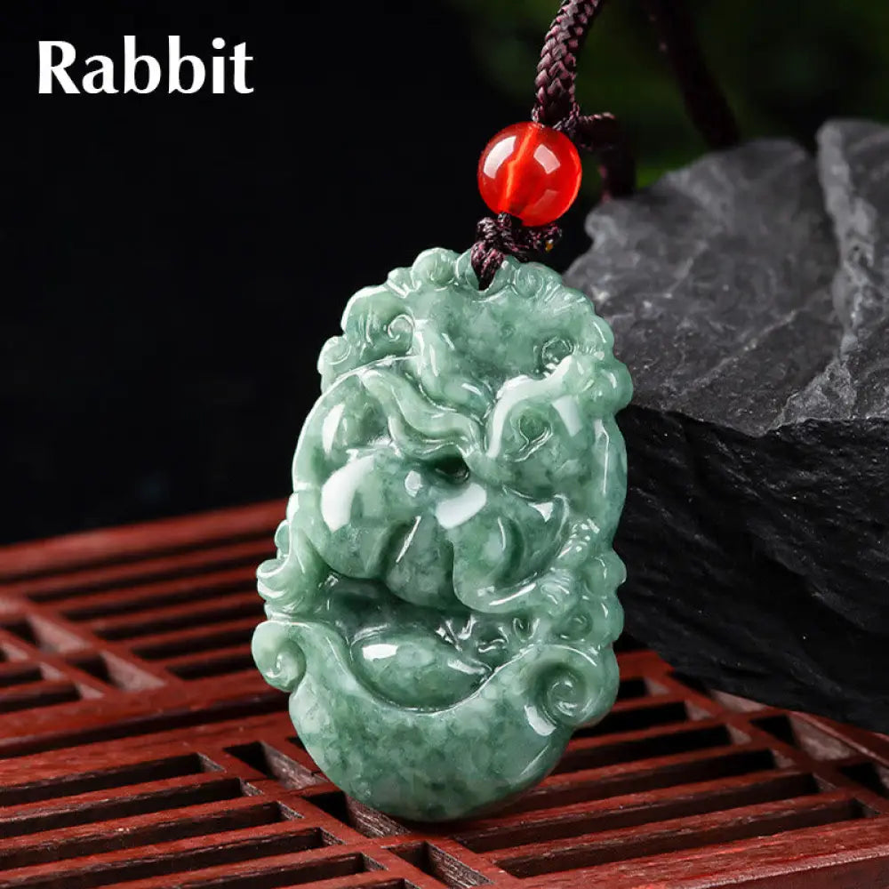 Buddha Stones Natural Jade 12 Chinese Zodiac Prosperity Necklace Pendant - BWOOOH - Rabbit - Necklaces &amp; Pendants
