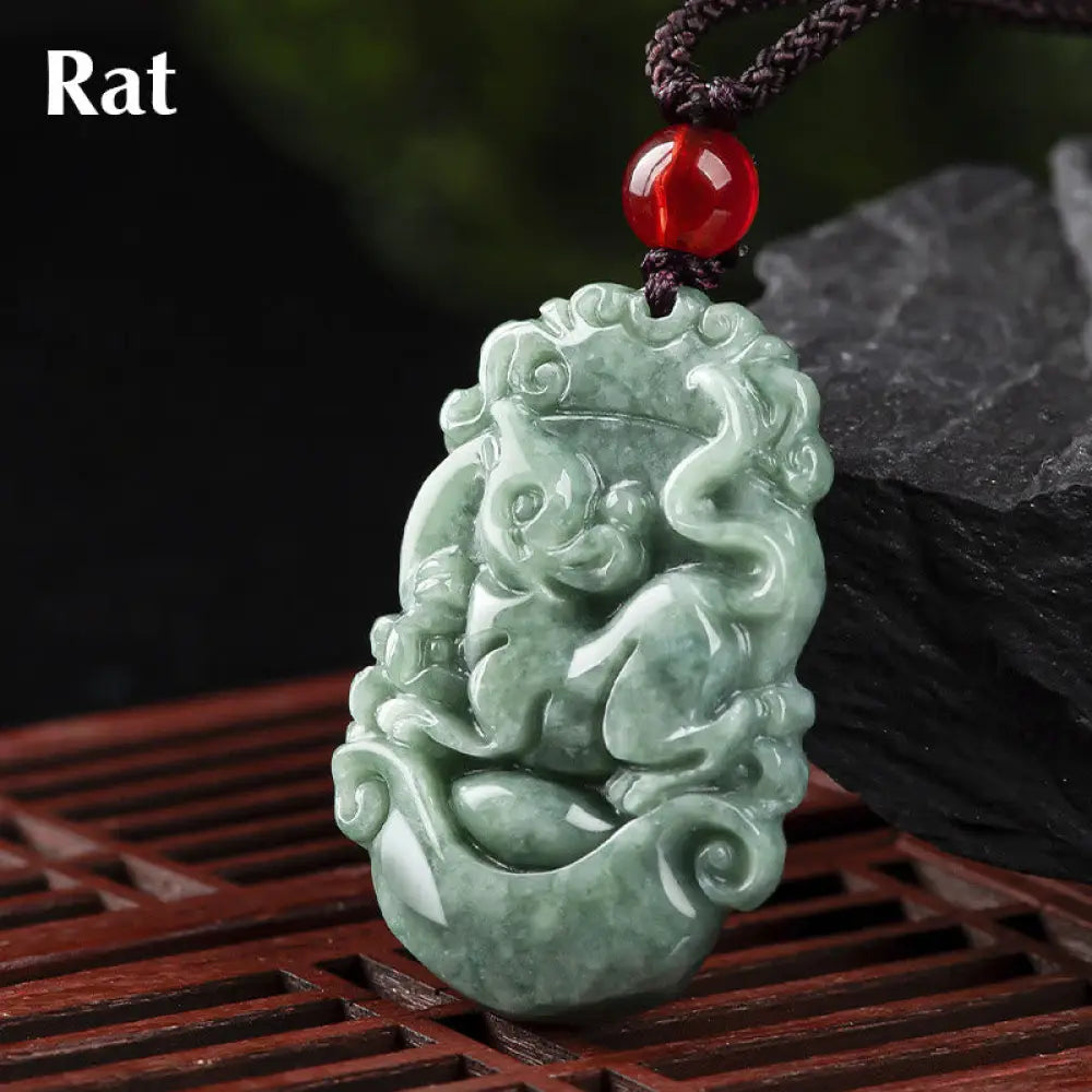 Buddha Stones Natural Jade 12 Chinese Zodiac Prosperity Necklace Pendant - BWOOOH - Rat - Necklaces &amp; Pendants