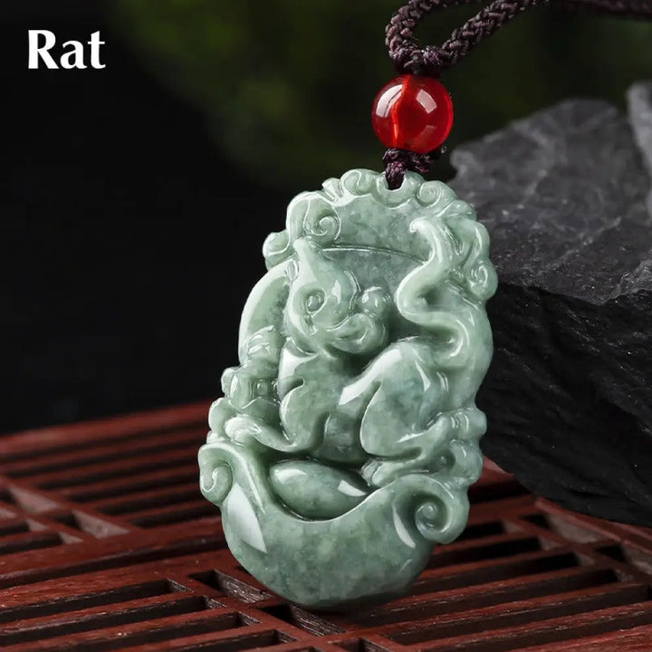 Buddha Stones Natural Jade 12 Chinese Zodiac Prosperity Necklace Pendant - BWOOOH - Rat - Necklaces &amp; Pendants