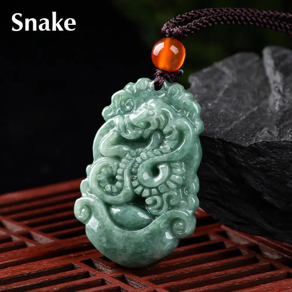 Buddha Stones Natural Jade 12 Chinese Zodiac Prosperity Necklace Pendant - BWOOOH - Snake - Necklaces &amp; Pendants