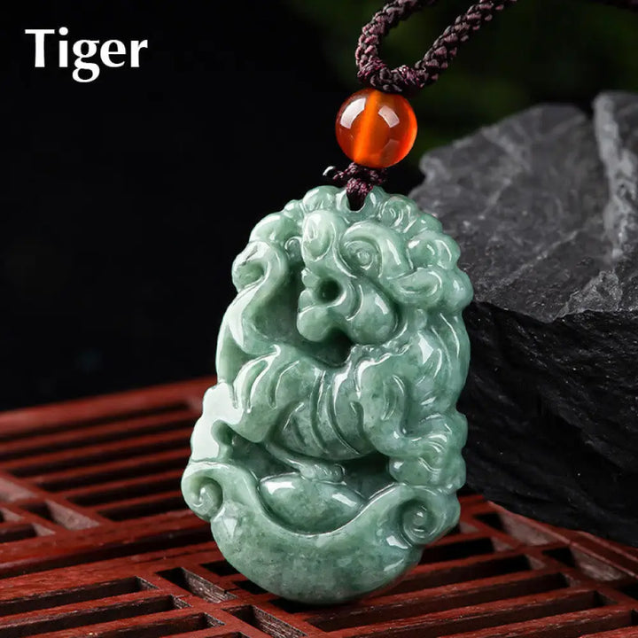 Buddha Stones Natural Jade 12 Chinese Zodiac Prosperity Necklace Pendant - BWOOOH - Tiger - Necklaces &amp; Pendants