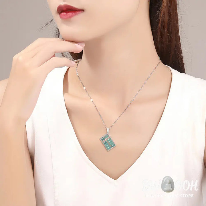 Buddha Stones Natural Jade Abacus Pattern Abundance Titanium Steel Chain Necklace Pendant - BWOOOH - Necklaces &amp;
