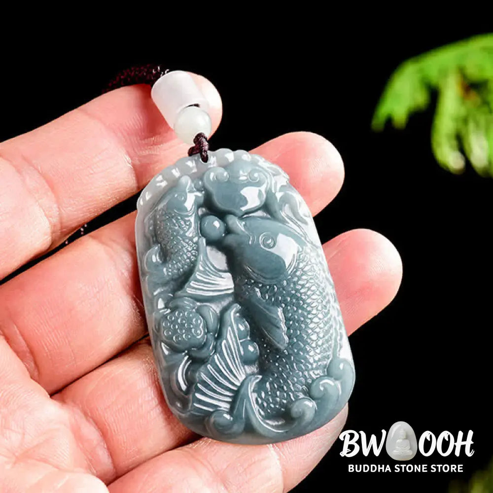 Buddha Stones Natural Jade Carving Double Koi Fish Rope Prosperity Necklace Pendant - BWOOOH - Koi Fish / Natural