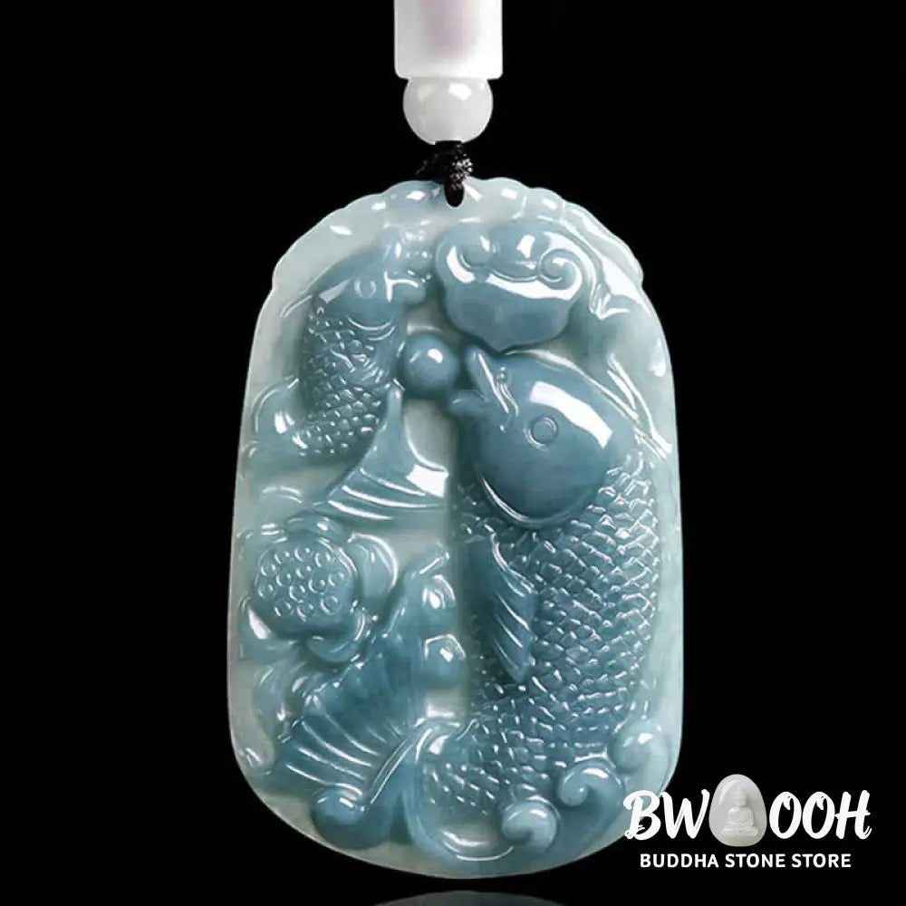 Buddha Stones Natural Jade Carving Double Koi Fish Rope Prosperity Necklace Pendant - BWOOOH - Koi Fish / Natural