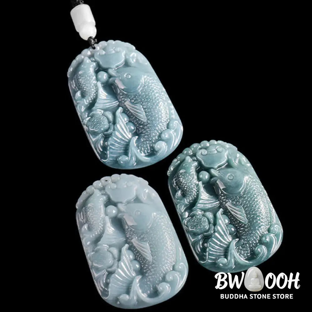 Buddha Stones Natural Jade Carving Double Koi Fish Rope Prosperity Necklace Pendant - BWOOOH - Koi Fish / Natural