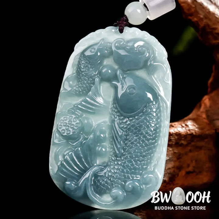Buddha Stones Natural Jade Carving Double Koi Fish Rope Prosperity Necklace Pendant - BWOOOH - Koi Fish / Natural