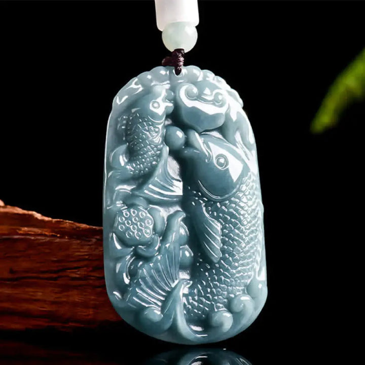 Buddha Stones Natural Jade Carving Double Koi Fish Rope Prosperity Necklace Pendant - BWOOOH - Koi Fish / Natural