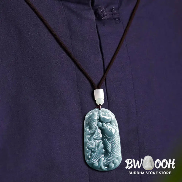 Buddha Stones Natural Jade Carving Double Koi Fish Rope Prosperity Necklace Pendant - BWOOOH - Koi Fish / Natural