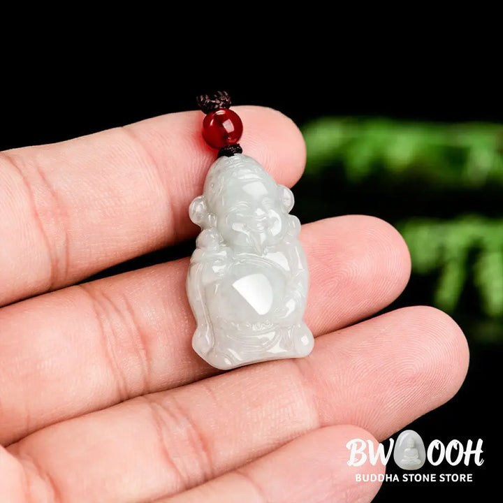 Buddha Stones Natural Jade Chinese God of Wealth Caishen Ingot Luck Necklace Pendant - BWOOOH