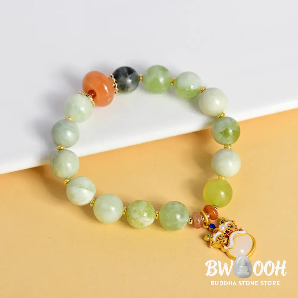 Buddha Stones Natural Jade Dancing Lion Charm Prosperity Luck Bracelet - BWOOOH - Beads(10mm) - Bracelet