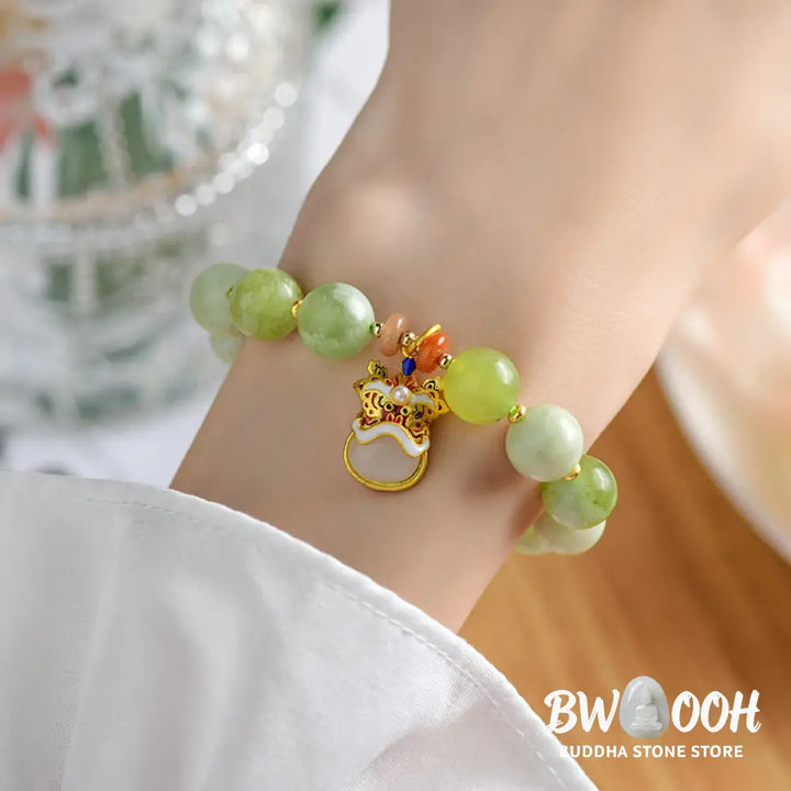 Buddha Stones Natural Jade Dancing Lion Charm Prosperity Luck Bracelet - BWOOOH - Beads(10mm) - Bracelet