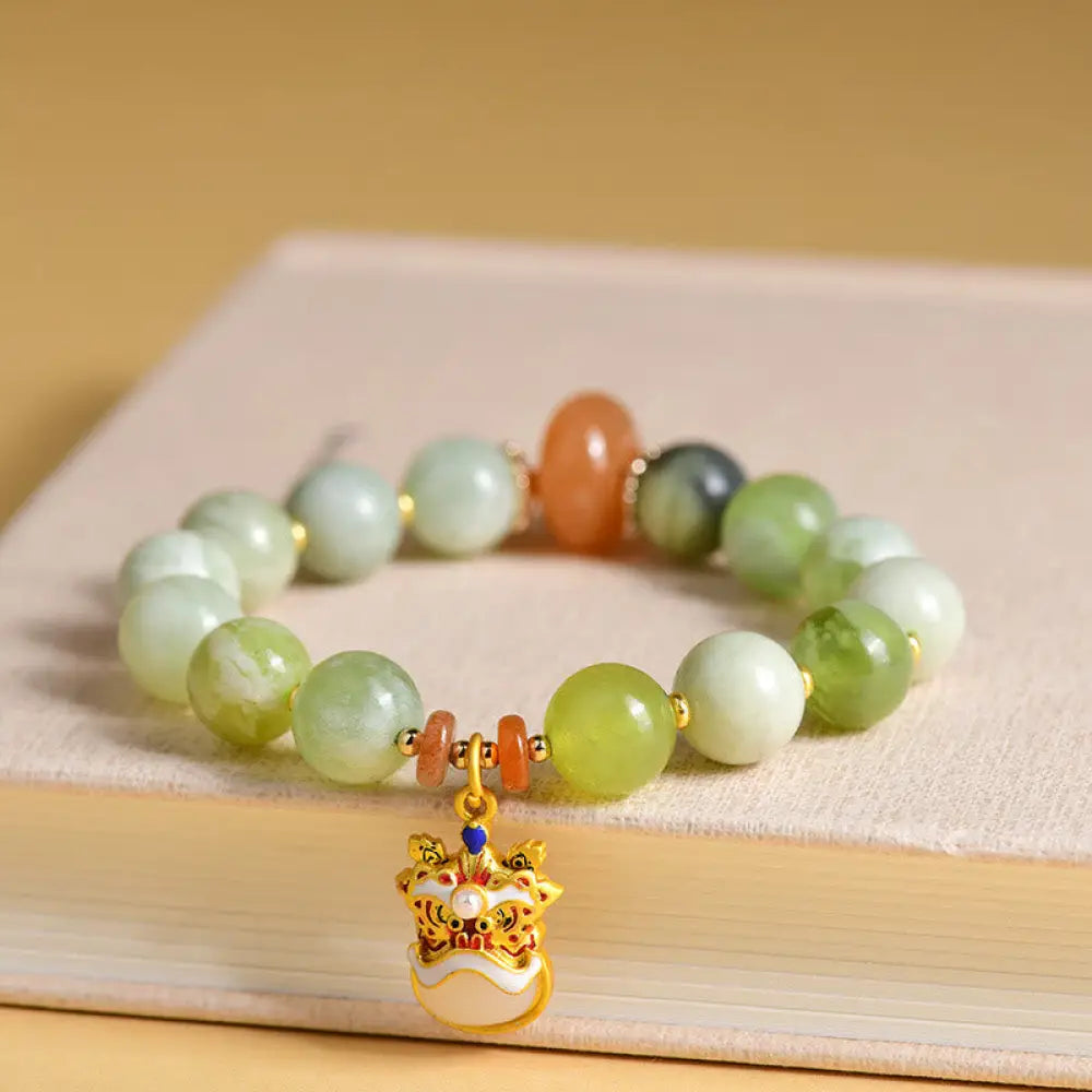 BWOOOH Natural Jade Dancing Lion Charm Prosperity Luck Bracelet - BWOOOH - Beads(10mm) - Bracelet