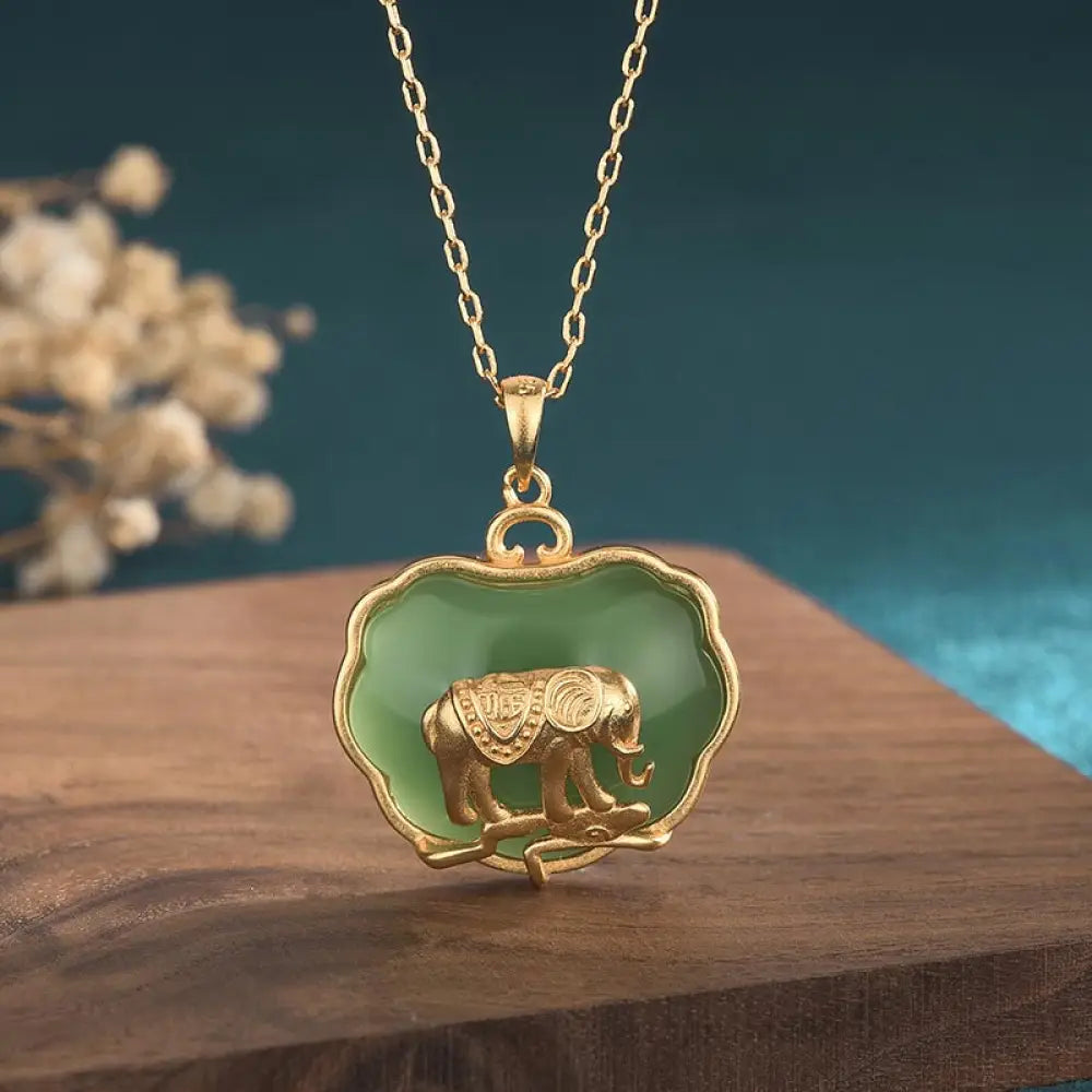 BWOOOH Natural Jade Elephant Healing Necklace Pendant — 24×30mm jade and copper elephant for prosperity, abundance, and strength
