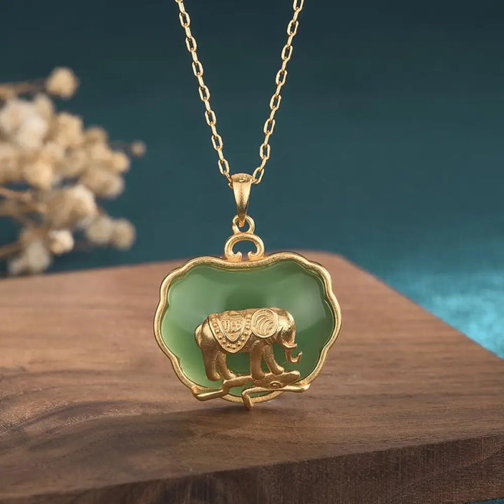 BWOOOH Natural Jade Elephant Healing Necklace Pendant — 24×30mm jade and copper elephant for prosperity, abundance, and strength