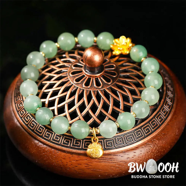 Buddha Stones Natural Jade Green Aventurine Gourd Fu Character Luck Bracelet - Bracelet