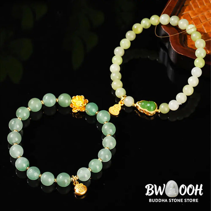 Buddha Stones Natural Jade Green Aventurine Gourd Fu Character Luck Bracelet - Bracelet